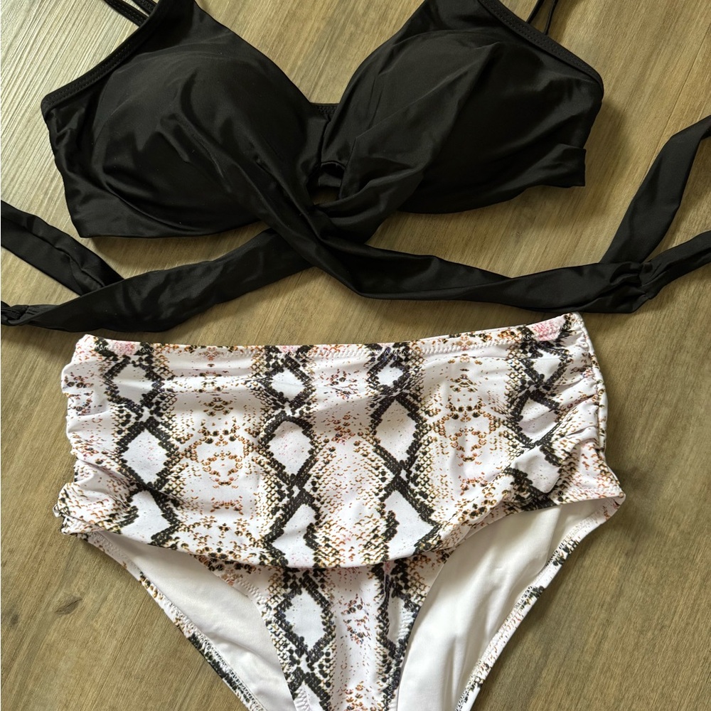 Black Bikini Top with Snake Print Bottom